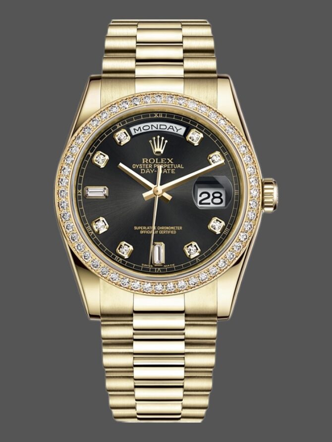 Replica Rolex Day Date 118348 Yellow Gold Black Diamond Dial 36mm Unisex Watch