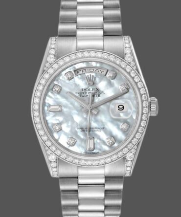 Replica Rolex Day-Date 118389 Diamond Bezel MOP White Dial 36MM Unisex Watch