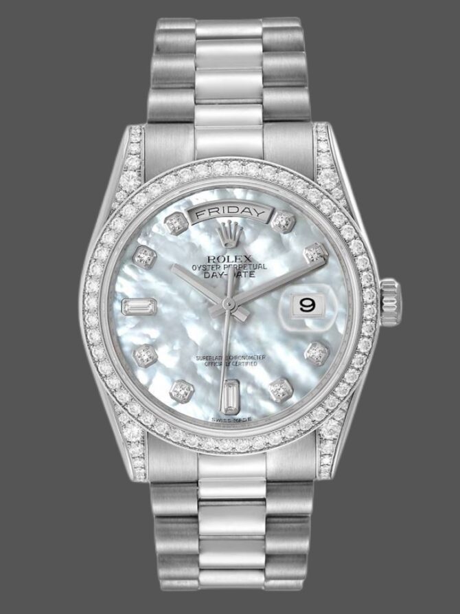 Replica Rolex Day-Date 118389 Diamond Bezel MOP White Dial 36MM Unisex Watch