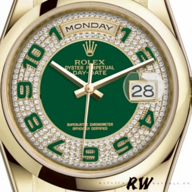 Replica Rolex Day-Date 118208 Yellow Gold Green Diamond Paved Arabic Dial 36mm Unisex Watch