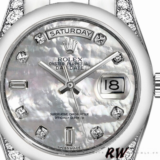 Replica Rolex Day-Date 118296 Platinum MOP White Dial Diamond 36mm Unisex Watch