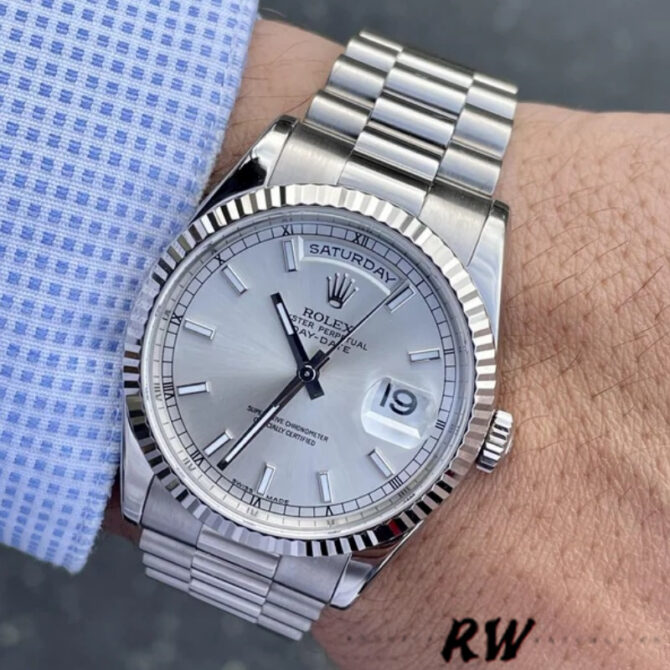 Replica Rolex Day-Date 118338 Yellow gold Silver dial 36mm Unisex Watch