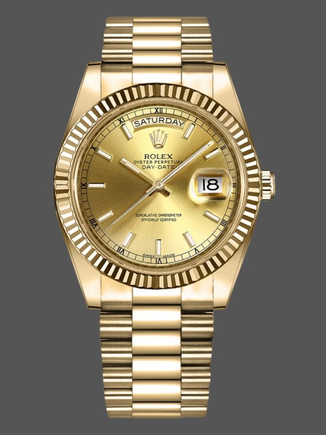 Replica Rolex Day-Date 218238 Champagne Index Dial Yellow Gold 41MM Mens Watch