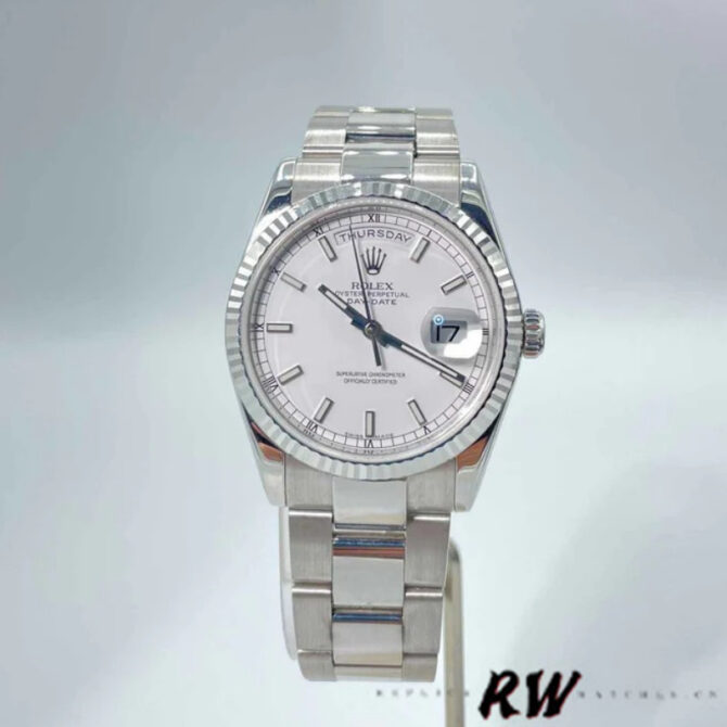 Replica Rolex Day-Date 118239 White Gold White Roman Numeral Dial 36mm Unisex Watch
