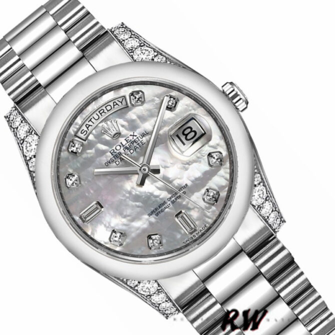 Replica Rolex Day-Date 118296 Platinum MOP White Dial Diamond 36mm Unisex Watch