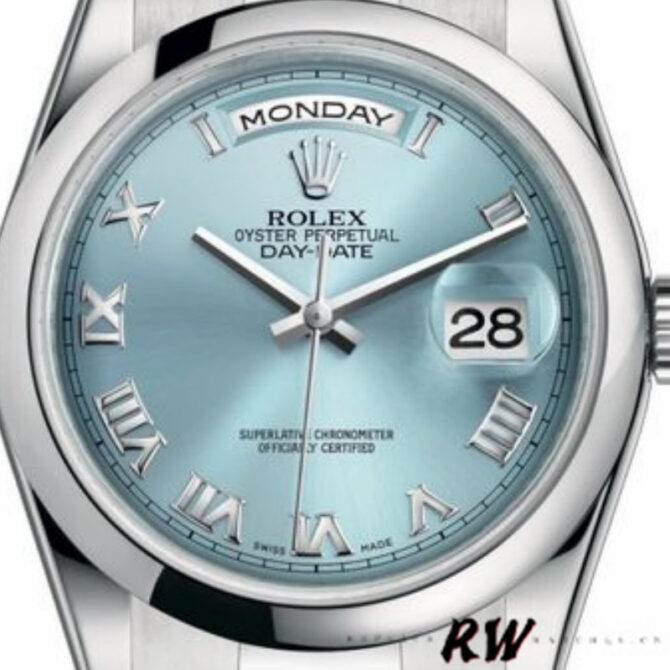Replica Rolex Day-Date 118206 Ice Blue Roman Numeral Dial 36mm Unisex Watch