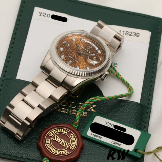 Replica Rolex Day-Date 118239 Mother of Pearl White Dial Fluted Bezel 36mm Unisex Watch