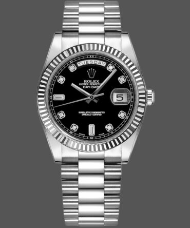 Replica Rolex Day-Date 118239 Black Diamonds Dial Fluted Bezel 36mm Unisex Watch