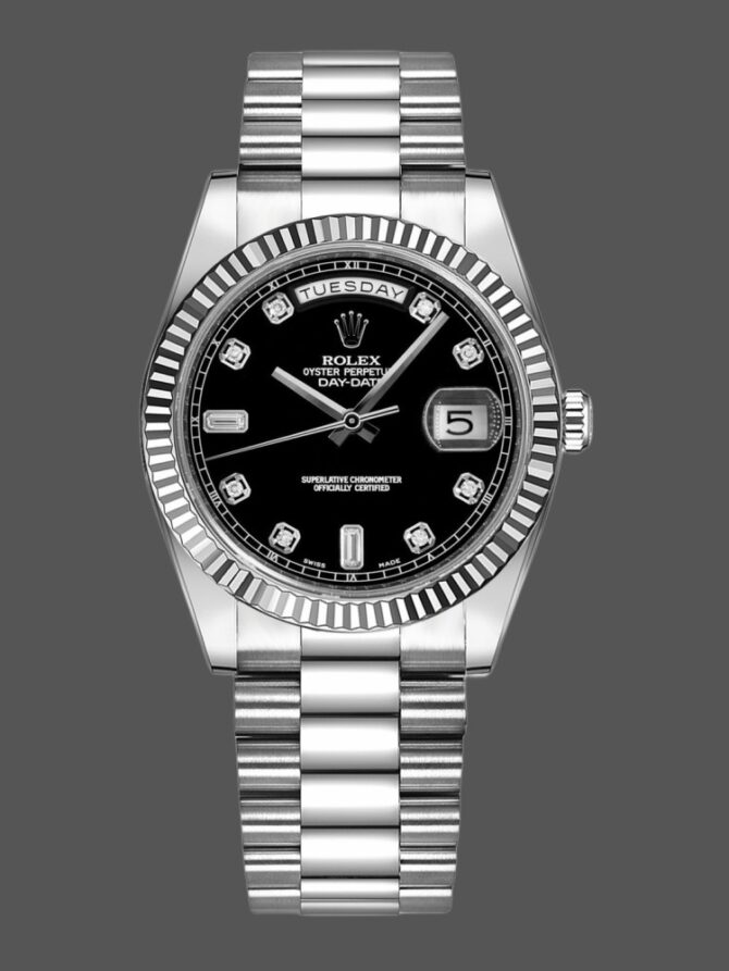 Replica Rolex Day-Date 118239 Black Diamonds Dial Fluted Bezel 36mm Unisex Watch