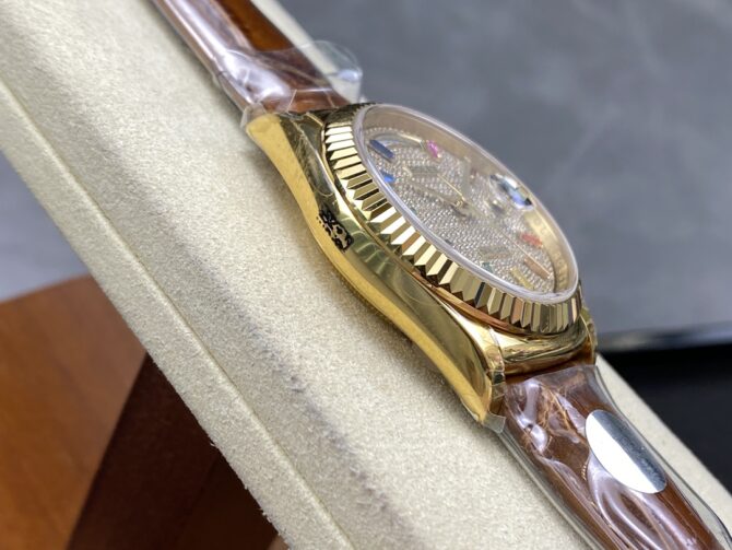 Replica Rolex Day Date 36mm Yellow Gold 128238 0051 Pave Rainbow Diamond Dial Fluted Bezel