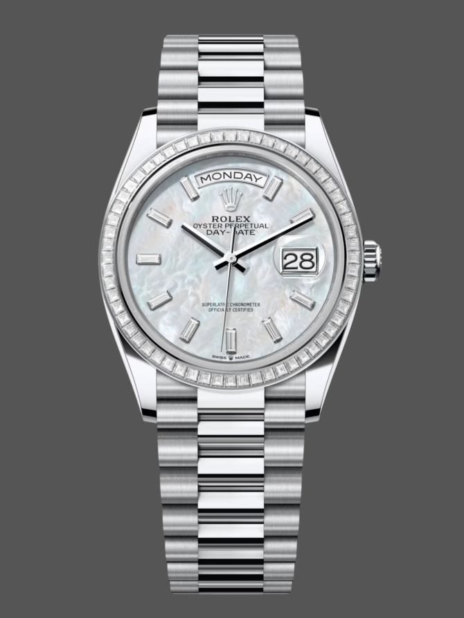 Replica Rolex Day Date 36 MOP Dial Diamond Bezel Platinum m128396tbr 0022