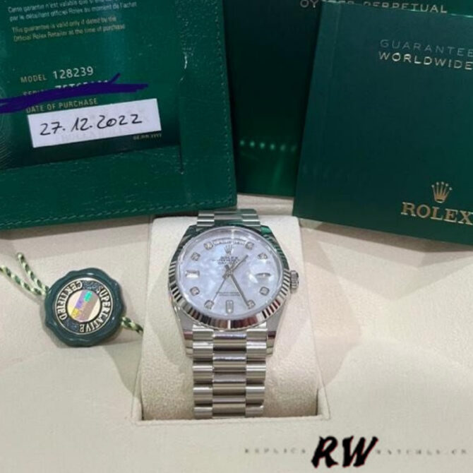 Replica Rolex Day-Date 128239 White Gold Mother of Pearl Dial 36MM Unisex Watch
