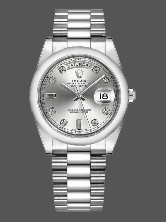 Replica Rolex Day-Date 118209 White Gold Silver Diamond Dial Automatic 36mm Unisex Watch