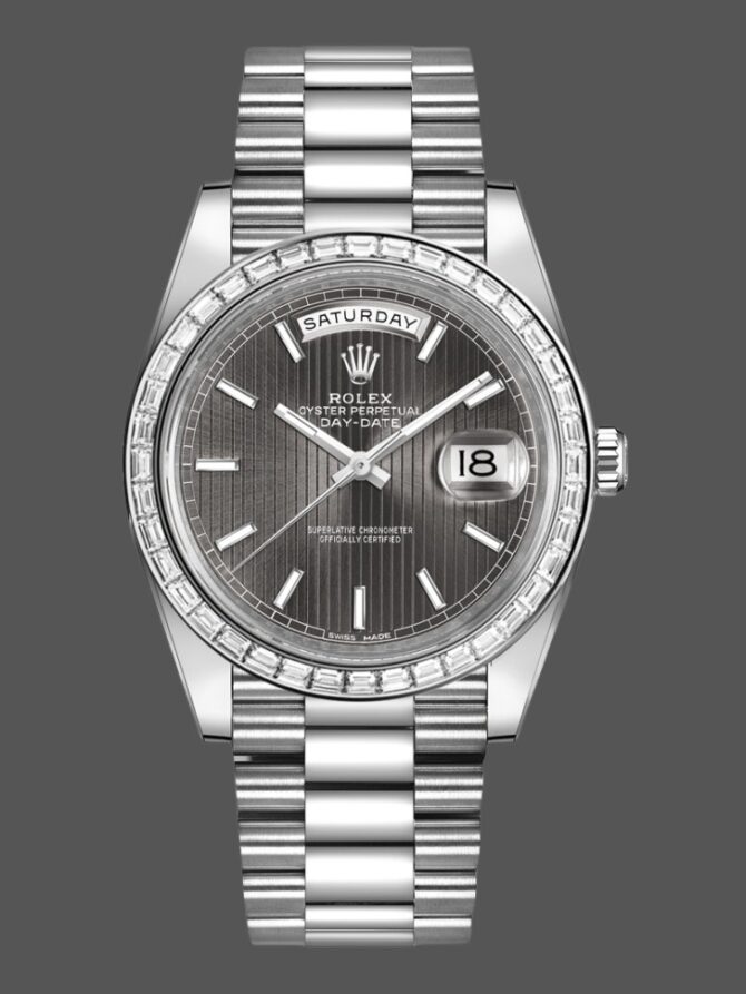 Replica Rolex Day-Date 228396TBR Dark Rhodium Grey Dial Diamond Bezel 40mm Mens Watch