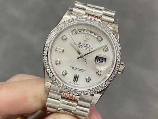Replica Rolex Day-Date 128349RBR White Mother of Pearl Dial Diamond Bezel 36MM Lady Watch