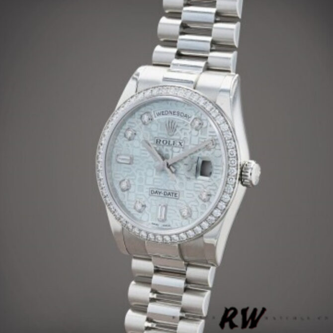 Replica Rolex Day Date 118346 Platinum Diamond Bezel Meteorite Dial 36mm Unisex Watch