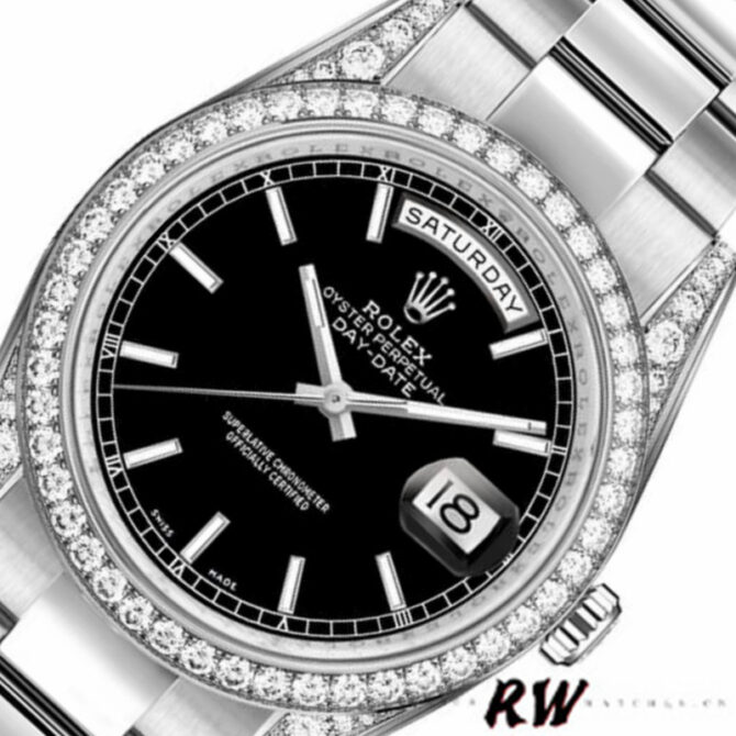 Replica Rolex Day-Date 118389 Diamond Bezel Black Index Dial 36MM Unisex Watch
