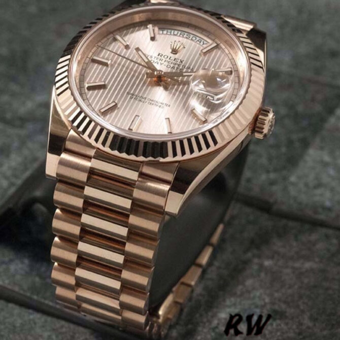 Replica Rolex Day-Date 228235 Sundust Stripe Motif Dial Fluted Bezel 40mm Mens Watch