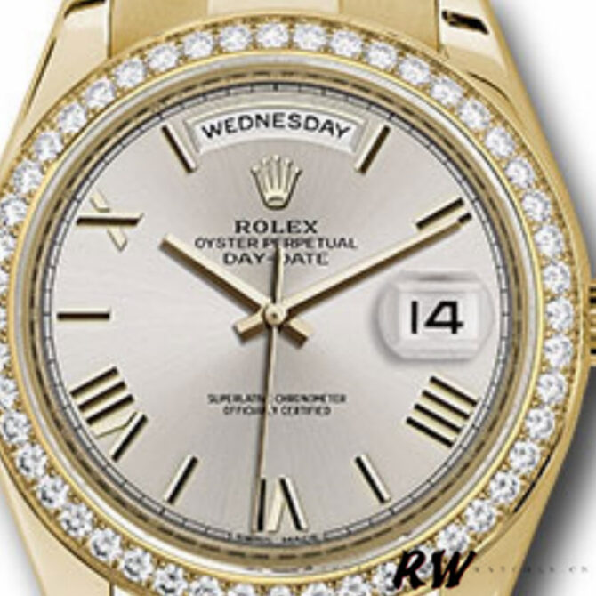 Replica Rolex Day-Date 228348RBR Silver Roman Dial Diamond Bezel 40mm Mens Watch