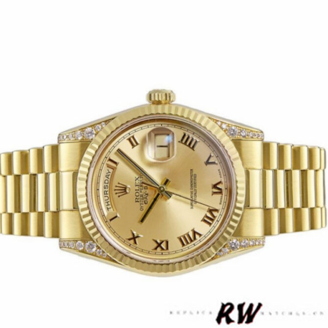 Replica Rolex Day-Date 118338 Champagne Roman Dial Diamond Bezel 36MM Unisex Watch