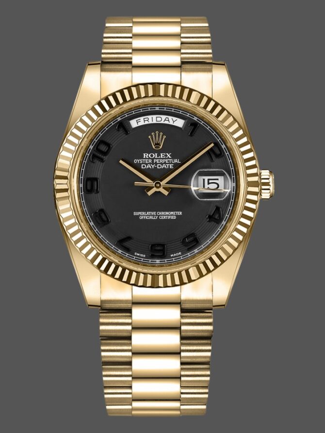 Replica Rolex Day-Date 218238 Concentric Circle Black Dial Yellow Gold 41MM Mens Watch
