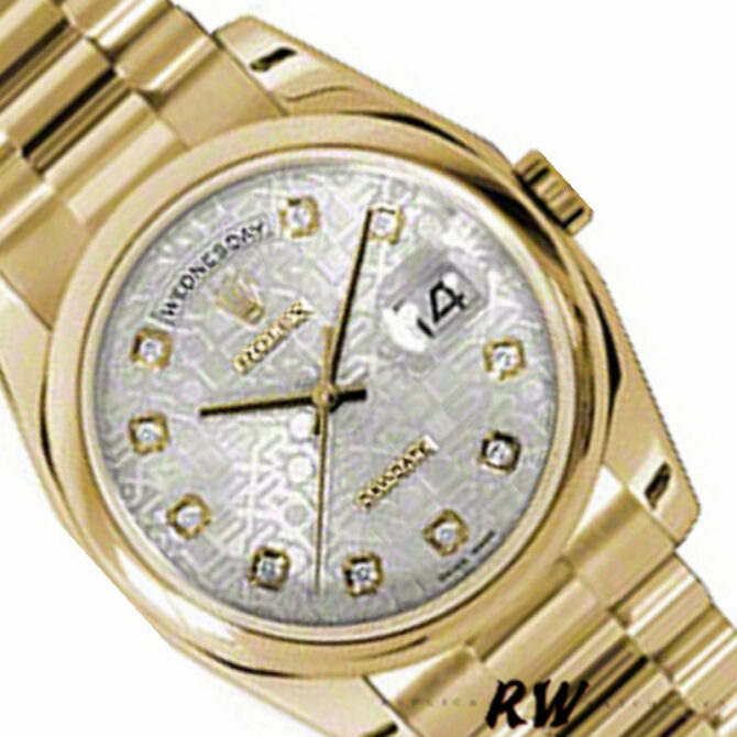 Replica Rolex Day-Date 118208 Silver Diamond Jubilee Dial Yellow Gold 36mm Unisex Watch