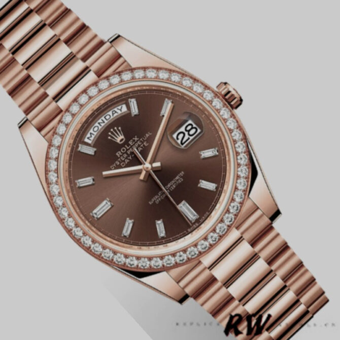 Replica Rolex Day-Date 228345RBR Chocolate Brown Diamond Dial Diamond Bezel 40mm Mens Watch