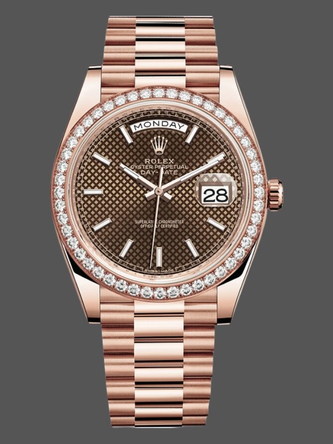 Replica Rolex Day-Date 228345RBR Chocolate Brown Diagonal Motif Dial Diamond Bezel 40mm Mens Watch