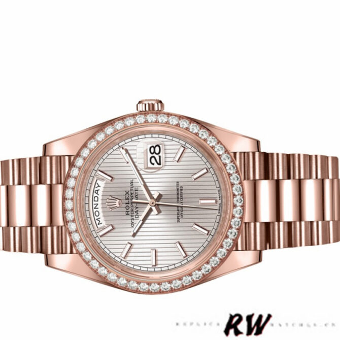 Replica Rolex Day-Date 228345RBR Sundust Stripe Motif Dial Diamond Bezel 40mm Mens Watch