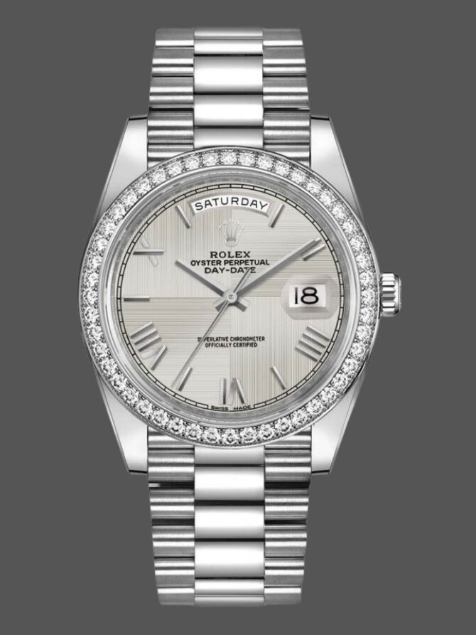 Replica Rolex Day-Date 228398TBR Silver Diagonal Motif Dial Diamond Bezel 40mm Mens Watch