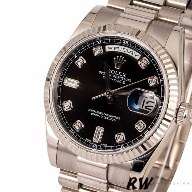 Replica Rolex Day-Date 118239 Black Diamonds Dial Fluted Bezel 36mm Unisex Watch