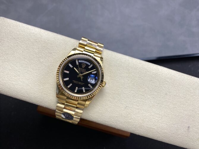 Replica Rolex Day-Date 228238 Black Diamond Dial Fluted Bezel 40mm Mens Watch