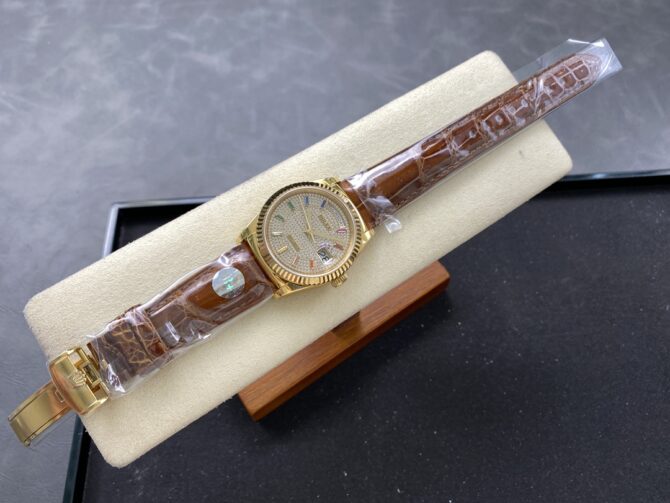 Replica Rolex Day Date 36mm Yellow Gold 128238 0051 Pave Rainbow Diamond Dial Fluted Bezel