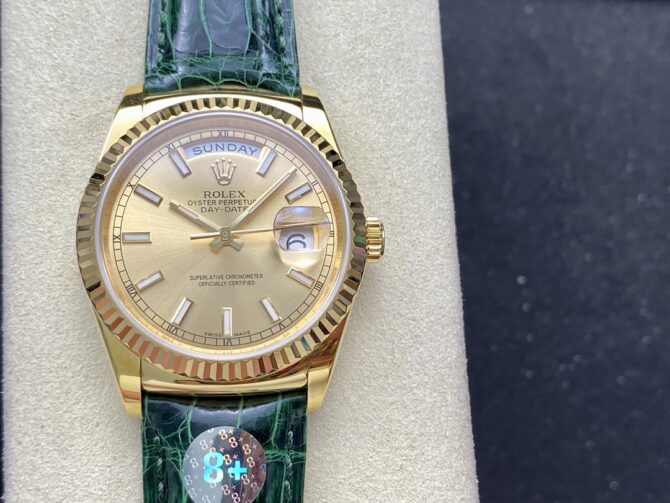 Replica Rolex Day Date 36 Yellow Gold Champagne Dial 118138 0125 Green Strap