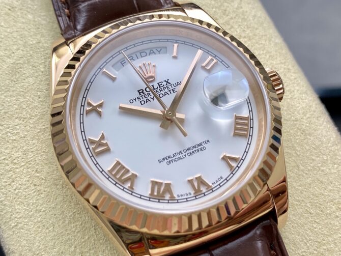 Replica Rolex Day Date 36 White Dial 118135 0064 Brown Leather Watch