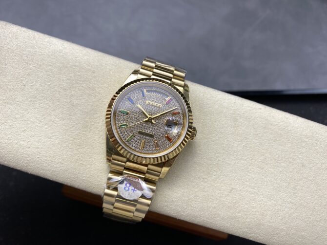 Replica Rolex Day Date 36mm Yellow Gold 128238 0051 Pave Rainbow Diamond Dial Fluted Bezel