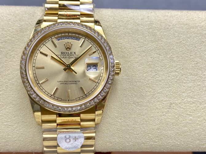 Replica Rolex Day Date 36 Yellow Gold Champagne Dial Diamond Bezel m128348rbr 0026