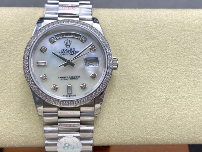 Replica Rolex Day Date 36 Mother of Pearl Dial Diamond Bezel Platinum President m128396tbr 0005