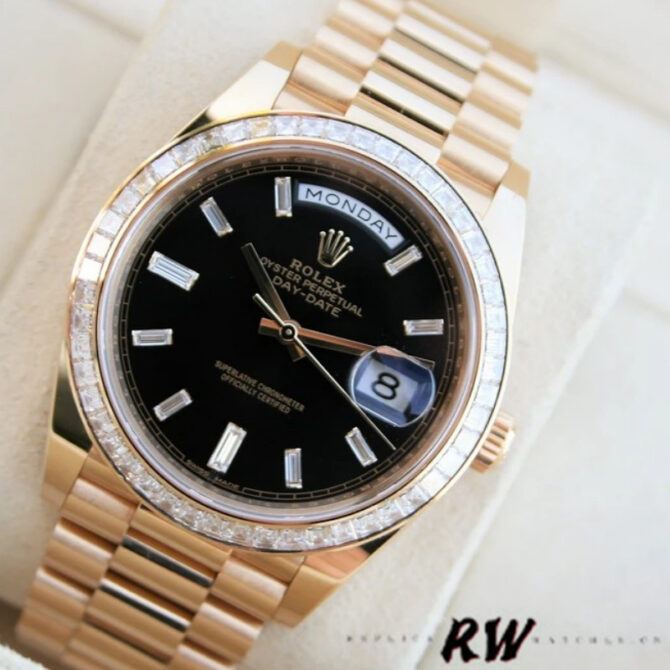 Replica Rolex Day-Date 228348RBR Black Diagonal Motif Dial Diamond Bezel 40mm Mens Watch