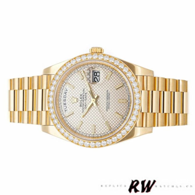 Replica Rolex Day-Date 228348RBR Black Diagonal Motif Dial Diamond Bezel 40mm Mens Watch