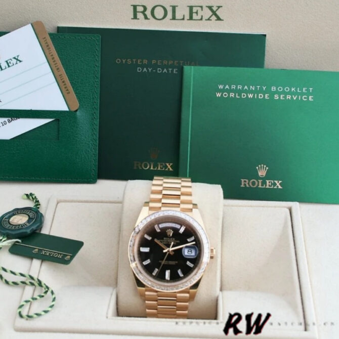 Replica Rolex Day-Date 228348RBR Black Diagonal Motif Dial Diamond Bezel 40mm Mens Watch