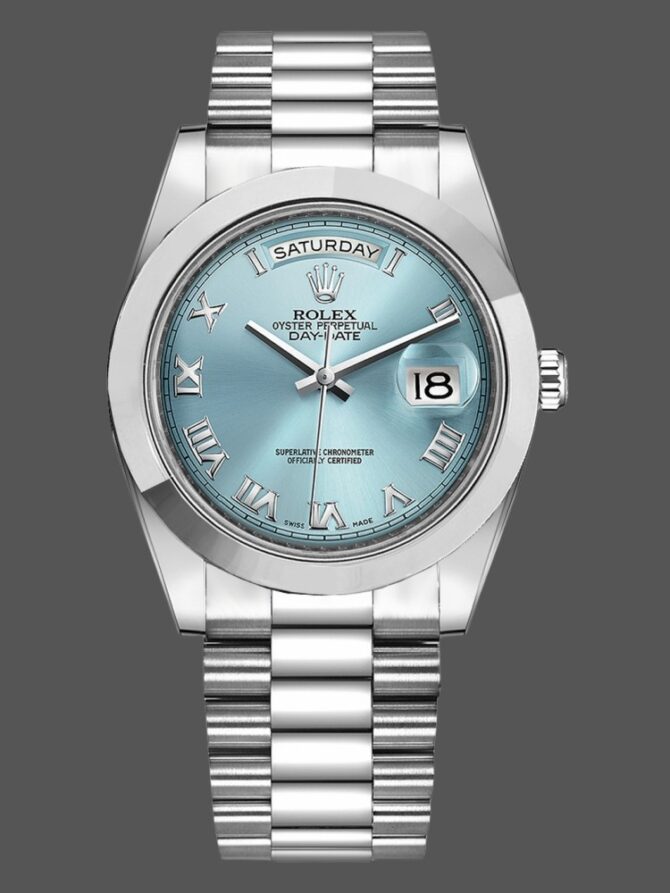 Replica Rolex Day-Date 218206 Ice Blue Roman Numeral Dial Platinum 41MM Mens Watch