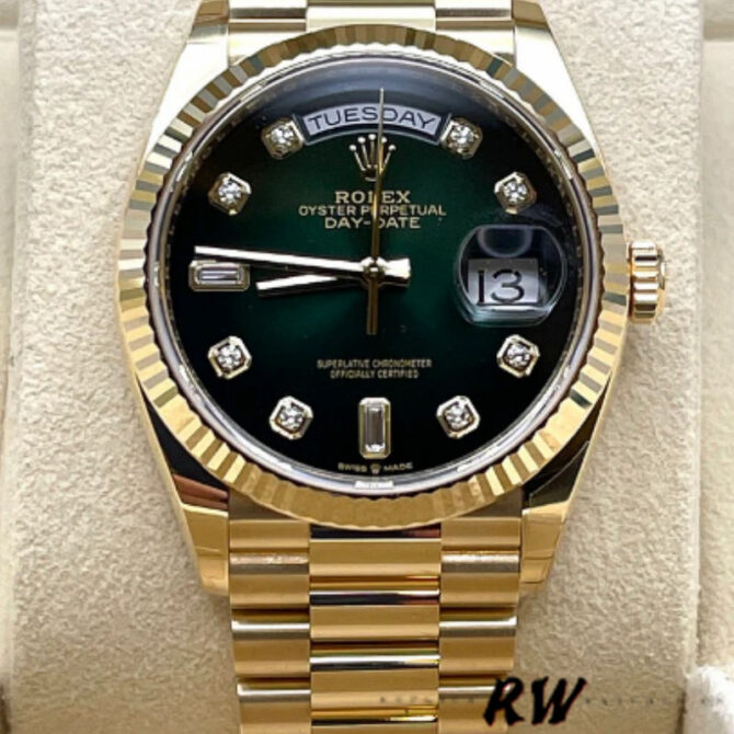 Replica Rolex Day-Date 128238 Fluted Bezel Green Diamond Dial 36MM Unisex Watch