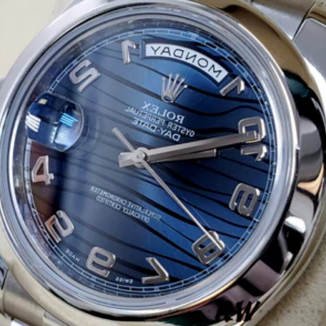 Replica Rolex Day-Date 218206 Wave Pattern Blue Dial Platinum 41MM Mens Watch
