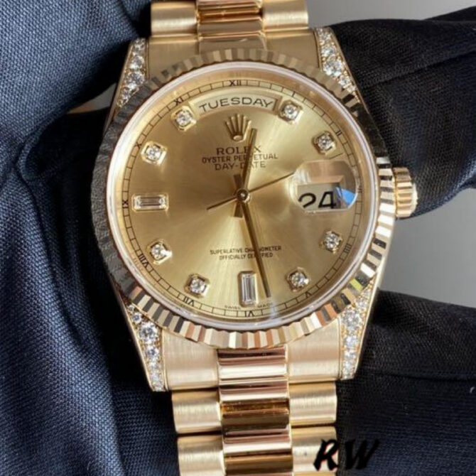 Replica Rolex Day-Date 118338 Yellow Gold Champagne Diamonds Dial 36mm Unisex Watch
