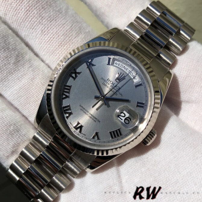 Replica Rolex Day-Date 118338 Yellow gold Silver dial 36mm Unisex Watch