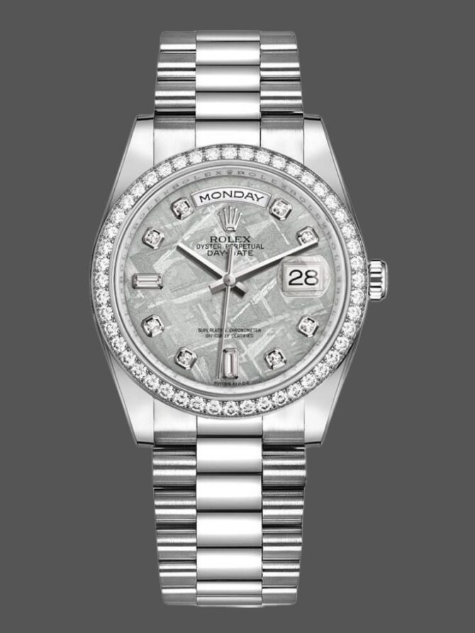 Replica Rolex Day Date 118346 Platinum Diamond Bezel Meteorite Dial 36mm Unisex Watch