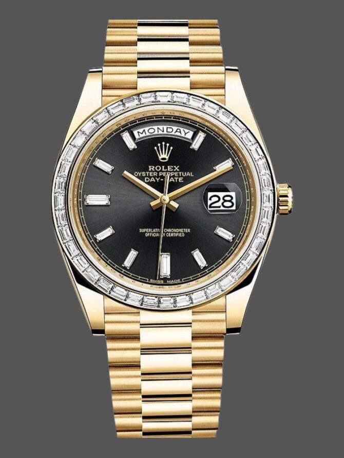 Replica Rolex Day-Date 228348RBR Black Diagonal Motif Dial Diamond Bezel 40mm Mens Watch