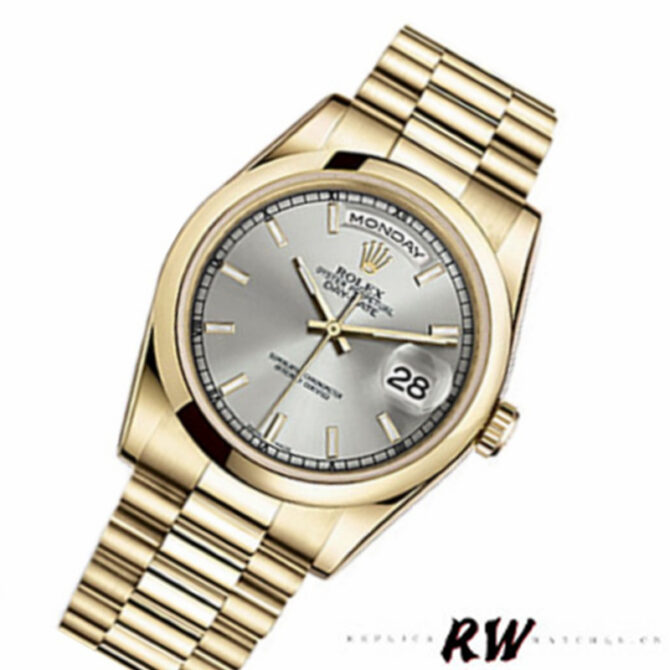 Replica Rolex Day-Date 118208 Silver Dial Domed Bezel 36mm Unisex Watch