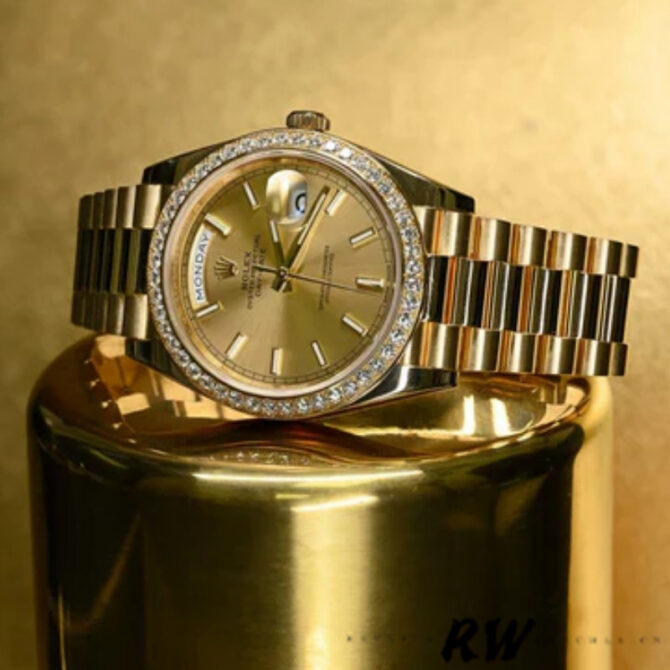 Replica Rolex Day-Date 228348RBR Black Diagonal Motif Dial Diamond Bezel 40mm Mens Watch